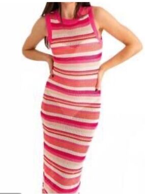 Le Lis Striped Pink Crochet Maxi Dress open knit sleeveless bohemian coastal NEW